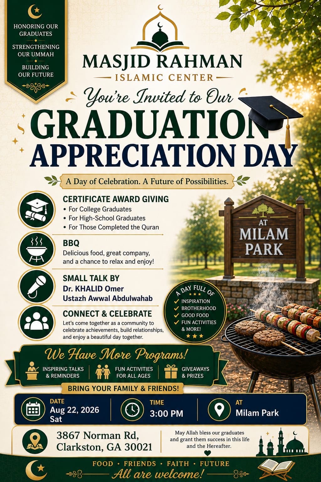 Masjid Rahman Islamic Center Graduation Appreciation Day flyer - August 22, 2026 at Milam Park, Clarkston GA